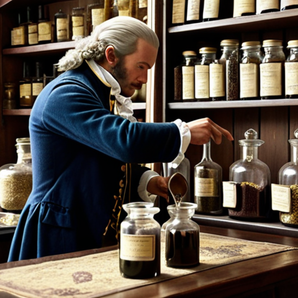 **Image Prompt:** An 18th-century apothecary mixing ingredients at a pharmacy counter. Jars filled with herbs and spices line the shelves behind him. He is pouring a dark liquid into a small glass. Focus on the historical accuracy and the medicinal origins of early cocktails.