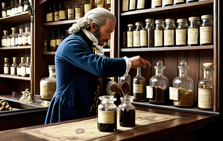 **Image Prompt:** An 18th-century apothecary mixing ingredients at a pharmacy counter. Jars filled with herbs and spices line the shelves behind him. He is pouring a dark liquid into a small glass. Focus on the historical accuracy and the medicinal origins of early cocktails.