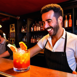 **A vibrant cocktail bar in Madrid, Spain at night. Bartender expertly crafting a cocktail with Spanish paprika (pimentón de la Vera) infusion. Patrons are laughing and enjoying the unique drink. Focus on the warm lighting, the colorful ingredients, and the lively atmosphere. Malasaña neighborhood in the background.**