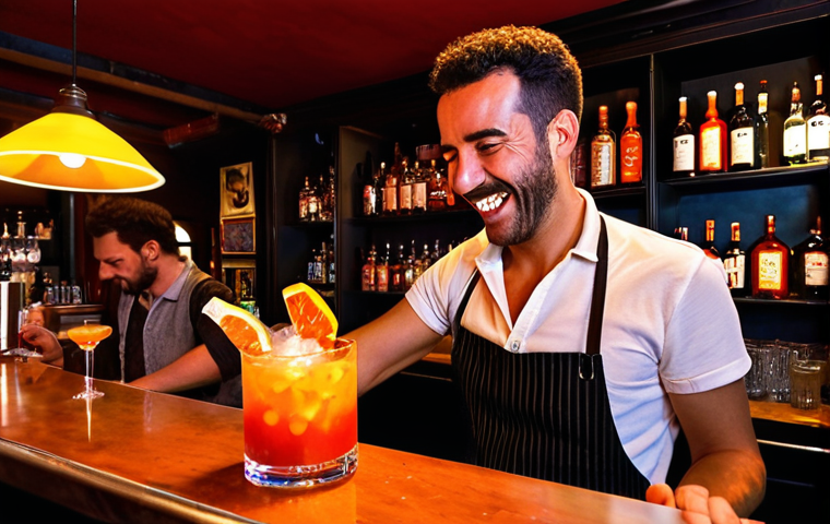**A vibrant cocktail bar in Madrid, Spain at night. Bartender expertly crafting a cocktail with Spanish paprika (pimentón de la Vera) infusion. Patrons are laughing and enjoying the unique drink. Focus on the warm lighting, the colorful ingredients, and the lively atmosphere. Malasaña neighborhood in the background.**