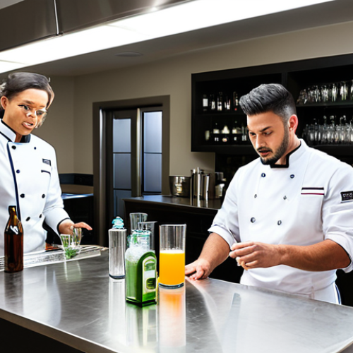 A diverse group of adult professional students, fully clothed in modest chef's coats and aprons, actively engaged in a hands-on bartending class. A knowledgeable, professional male instructor, dressed in professional attire, demonstrates a cocktail technique with perfect anatomy, well-formed hands, proper finger count, and natural body proportions. The setting is a brightly lit, modern bar training laboratory with stainless steel counters, an array of bottles, shakers, and glassware. The background shows other students observing attentively. Professional photography, high resolution, soft studio lighting, realistic, detailed, safe for work, appropriate content, fully clothed, professional dress, natural pose, correct proportions.