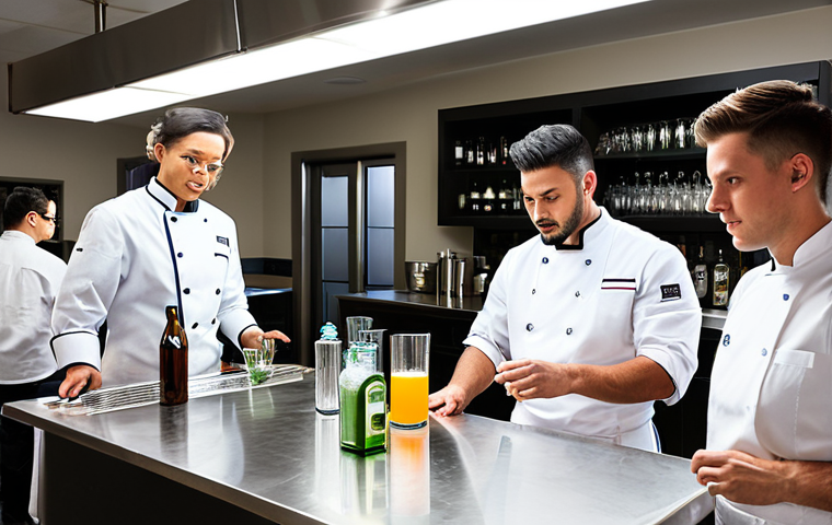 A diverse group of adult professional students, fully clothed in modest chef's coats and aprons, actively engaged in a hands-on bartending class. A knowledgeable, professional male instructor, dressed in professional attire, demonstrates a cocktail technique with perfect anatomy, well-formed hands, proper finger count, and natural body proportions. The setting is a brightly lit, modern bar training laboratory with stainless steel counters, an array of bottles, shakers, and glassware. The background shows other students observing attentively. Professional photography, high resolution, soft studio lighting, realistic, detailed, safe for work, appropriate content, fully clothed, professional dress, natural pose, correct proportions.