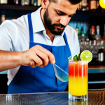 **

A fully clothed, professional-looking bartender in a modern, well-lit bar setting, preparing a colorful non-alcoholic cocktail (mocktail). The focus is on the bartender's hands expertly pouring ingredients. Appropriate attire. Safe for work. Perfect anatomy, correct proportions, natural pose. High quality, professional photography, family-friendly.

**