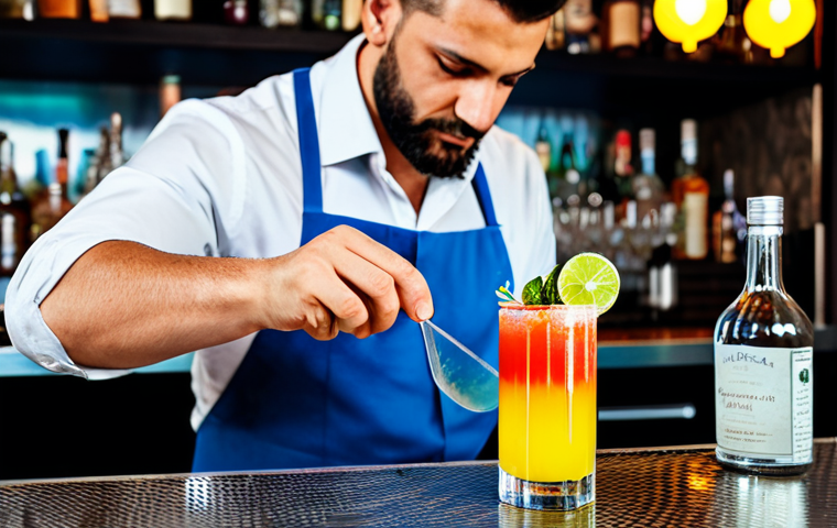 **
A fully clothed, professional-looking bartender in a modern, well-lit bar setting, preparing a colorful non-alcoholic cocktail (mocktail). The focus is on the bartender's hands expertly pouring ingredients. Appropriate attire. Safe for work. Perfect anatomy, correct proportions, natural pose. High quality, professional photography, family-friendly.
**