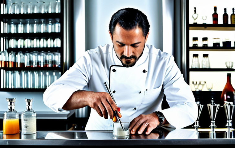 Molecular Mixology Master**

"A professional bartender, fully clothed in a modern bar setting, carefully crafting a cocktail with molecular gastronomy techniques. He is using tools like pipettes and spherification molds. The bar is well-lit, clean, and features various bottles and ingredients. Focus on the bartender's focused expression and the intricate details of the cocktail preparation. Safe for work, appropriate content, professional, modest clothing, perfect anatomy, well-formed hands, natural body proportions, high quality, studio lighting."

**