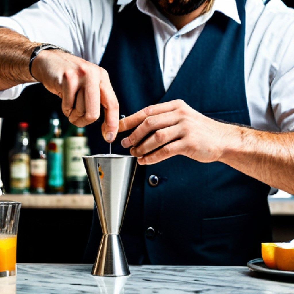 바텐더 칵테일 실습 팁 - Craft Cocktail Preparation**

"A professional bartender in a stylish, well-lit bar in Barcelona, pre...