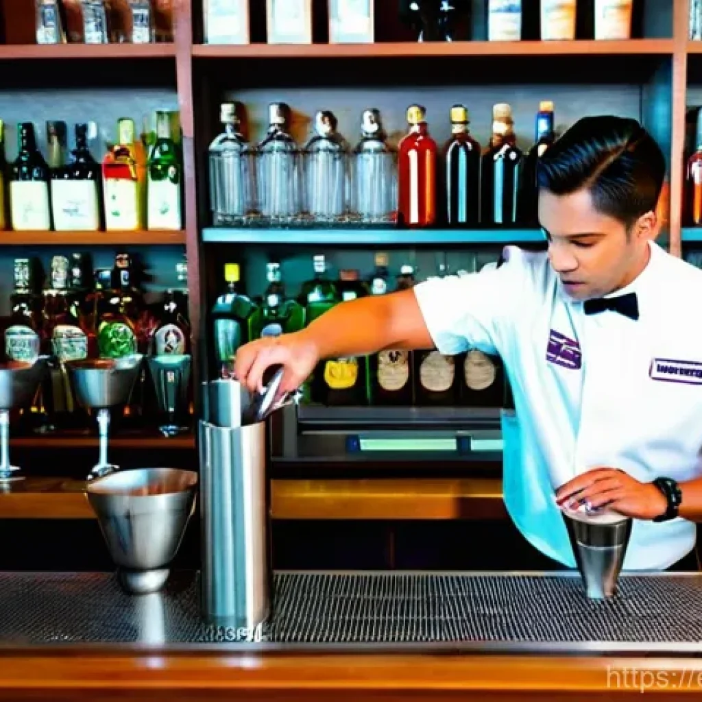 바텐더 자격증 취득 후 취업 사례 - **Bartending Certification in a Modern Setting:**
    A dynamic, wide-angle shot inside a sleek, mod...