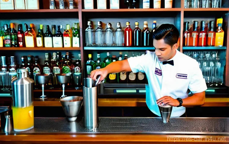 바텐더 자격증 취득 후 취업 사례 - **Bartending Certification in a Modern Setting:**
    A dynamic, wide-angle shot inside a sleek, mod...