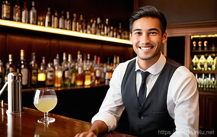바텐더 자격증 취득 후 취업 사례 - **Bartending Certification in a Modern Setting:**
    A dynamic, wide-angle shot inside a sleek, mod...