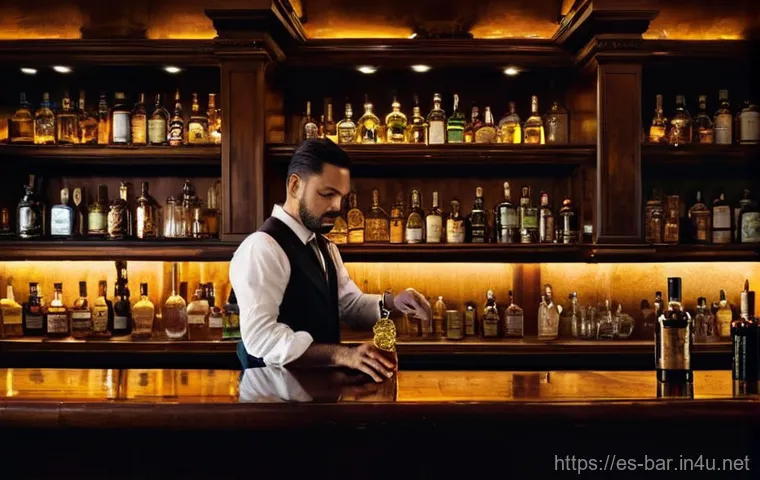 바텐더가 알아야 할 주류 상식 - **Prompt:** A highly skilled, experienced male bartender, resembling a liquid historian, stands in a...