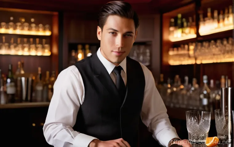 바텐더가 자주 사용하는 바 용어 - **"Precision in the Craft"**
    A focused male bartender, in his late 20s, wearing a neatly pressed...