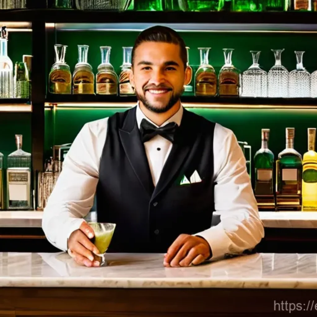바텐더 실기 시험 재료 준비 - **Prompt:** A skilled bartender, dressed in a crisp, clean apron and a stylish, professional shirt (...