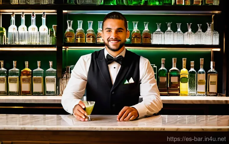 바텐더 실기 시험 재료 준비 - **Prompt:** A skilled bartender, dressed in a crisp, clean apron and a stylish, professional shirt (...
