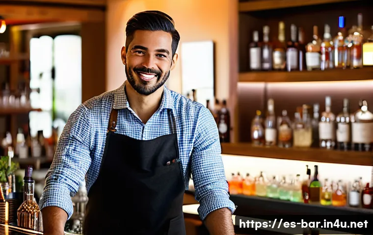 바텐더의 다양한 커리어 패스 - A modern artisanal cocktail bar scene featuring a skilled bartender in stylish casual attire with a ...