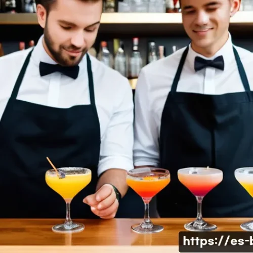 바텐더 팀워크와 의사소통 스킬 - A busy modern bar scene with two bartenders working seamlessly together: one preparing classic cockt...