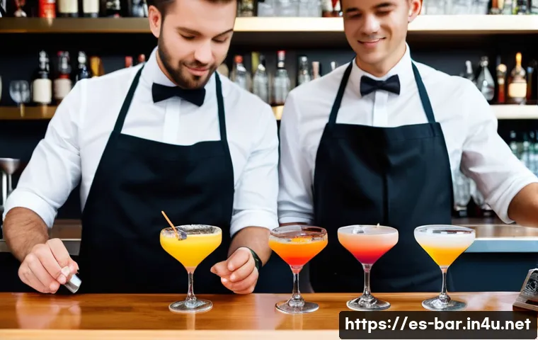 바텐더 팀워크와 의사소통 스킬 - A busy modern bar scene with two bartenders working seamlessly together: one preparing classic cockt...