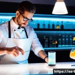 바텐더의 새로운 기술 습득 사례 - A modern cocktail bar interior featuring a bartender using molecular mixology techniques: a sleek ba...