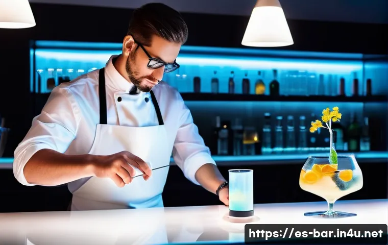 바텐더의 새로운 기술 습득 사례 - A modern cocktail bar interior featuring a bartender using molecular mixology techniques: a sleek ba...