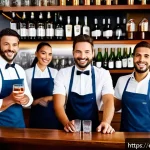 바텐더 업무 중 빈번한 문제 해결법 - A busy modern bar scene during peak hours showing a diverse team of bartenders and servers efficient...