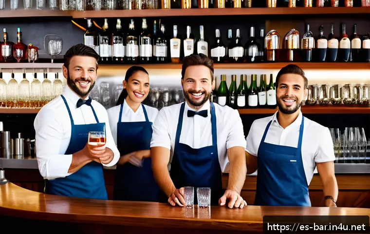 바텐더 업무 중 빈번한 문제 해결법 - A busy modern bar scene during peak hours showing a diverse team of bartenders and servers efficient...