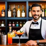 바텐더 직업 선택을 위한 조언 - A professional bartender in a stylish Spanish tapas bar, wearing a crisp white shirt and black apron...