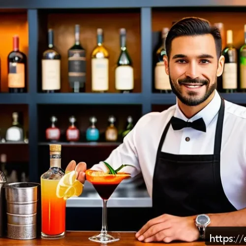 바텐더 직업 선택을 위한 조언 - A professional bartender in a stylish Spanish tapas bar, wearing a crisp white shirt and black apron...