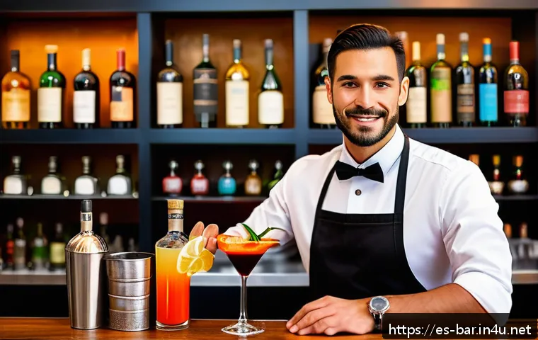 바텐더 직업 선택을 위한 조언 - A professional bartender in a stylish Spanish tapas bar, wearing a crisp white shirt and black apron...