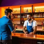 바텐더 직업의 장단점 - A lively, modern Spanish bar interior at night with a friendly bartender engaging warmly in conversa...