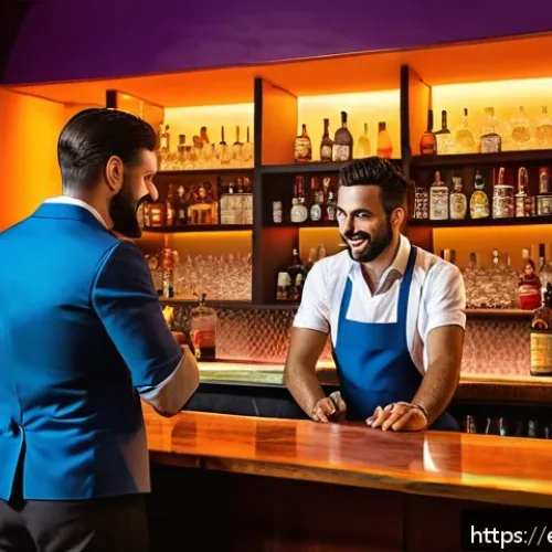 바텐더 직업의 장단점 - A lively, modern Spanish bar interior at night with a friendly bartender engaging warmly in conversa...