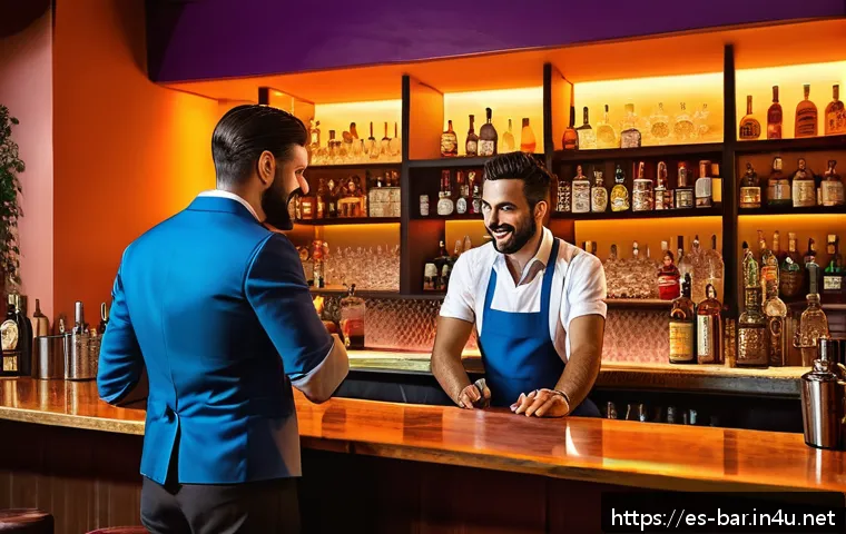 바텐더 직업의 장단점 - A lively, modern Spanish bar interior at night with a friendly bartender engaging warmly in conversa...
