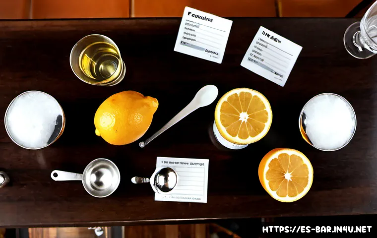 바텐더가 추천하는 실습 자료 - Photorealistic overhead view of a bartender’s practical training station in a warm Spanish tapas bar...