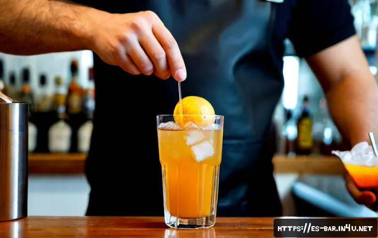 바텐더 실무 필수 기술 - Photorealistic close-up of a skilled bartender in a warm contemporary Madrid cocktail bar, precisely...